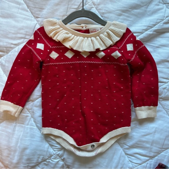 Baby Girls Fair Isle Sweater Romper Ruffled - Cat & Jack Red One Piece Bodysuit - Picture 1 of 3
